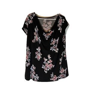 Lane Bryant Grannycore Casual Boho Black w/Pink Flowers Cap Sleeve Tunic 22/24